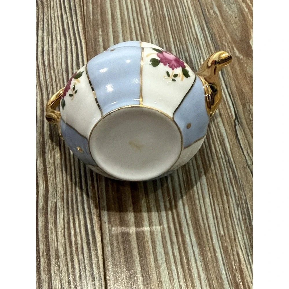 Miniature Blue and White w/ Pink Rose Design, Gold Trim Porcelain Teapot 3